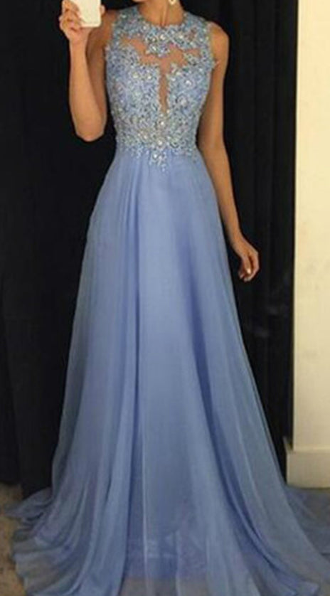 MACloth Straps High Neck Lace Chiffon Long Prom Dress Sky Blue Formal Ball Gown