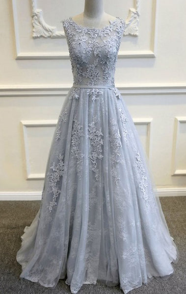 MACloth Straps A Line Lace Long Prom Dress Silver Ball Gown