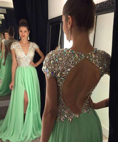 MACloth Cap Sleeves V Neck Crystals Chiffon Long Mint Prom Dress Evening Formal Gown
