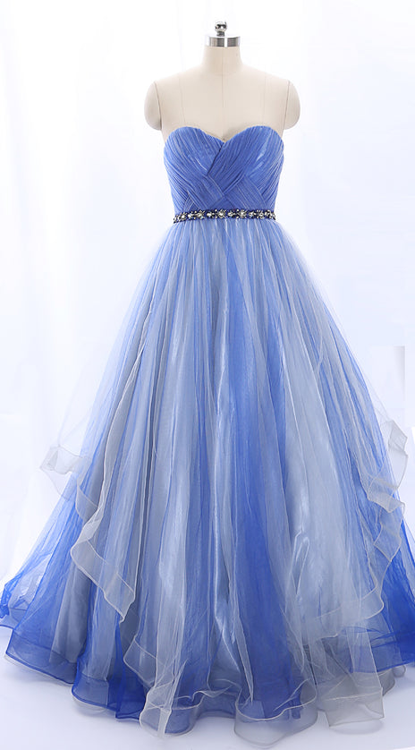 MACloth Strapless Sweetheart Long Tulle Blue Ball Gown Formal Prom Dress