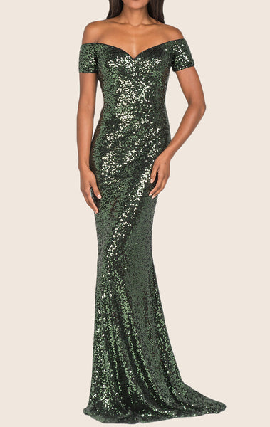 MACloth Mermaid Off the Shoulder Sequin Evening Gown Dark Green Prom Dress