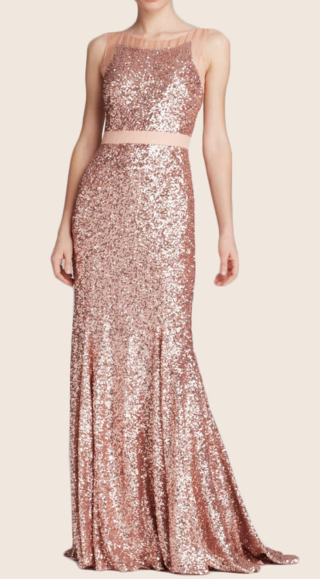 MACloth Mermaid V Back Sequin Prom Dress Rose Gold Formal Evening Gown