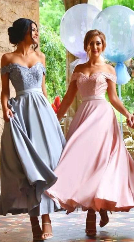 MACloth Off the Shoulder Tea Length Bridesmaid Dress Satin Lace Formal Gown