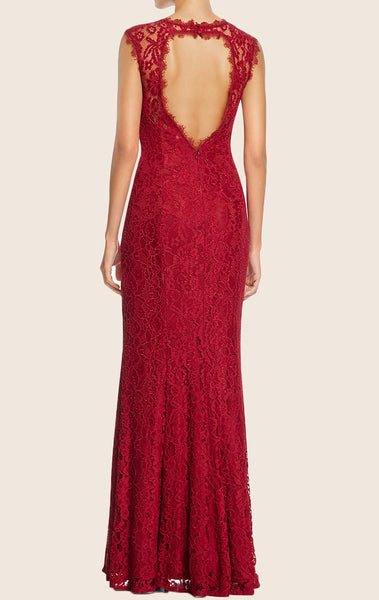 MACloth Sheath Lace Formal Evening Gown with Open Back Burgundy Prom Gown
