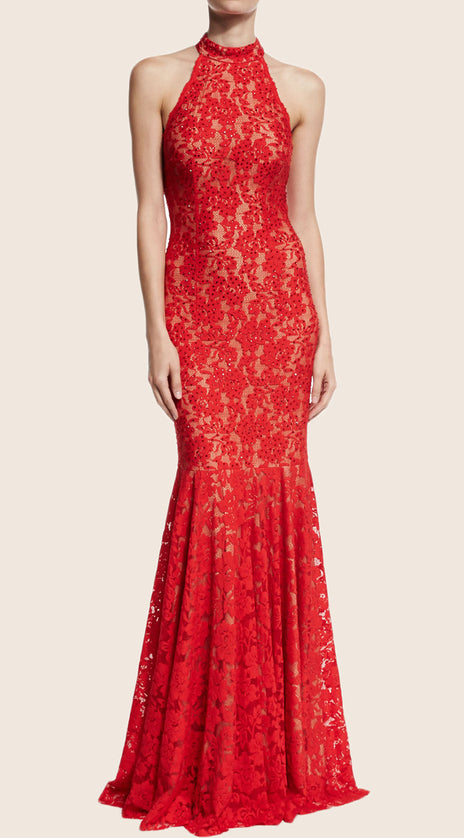 MACloth Mermaid Halter Lace Red Evening Gown Simple Prom Dress