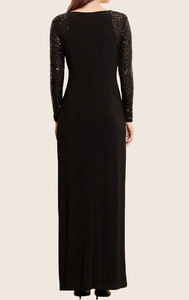 MACloth Long Sleeves Jersey Sequin Evening Formal Gown with Slit