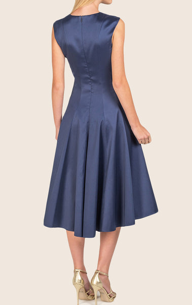 MACloth V Neck High Low Satin Cocktail Dress Navy Blue Formal Dress