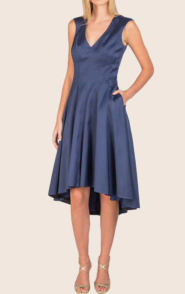 MACloth V Neck High Low Satin Cocktail Dress Navy Blue Formal Dress