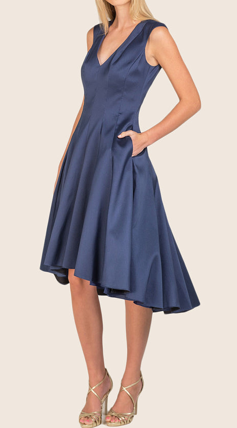 MACloth V Neck High Low Satin Cocktail Dress Navy Blue Formal Dress