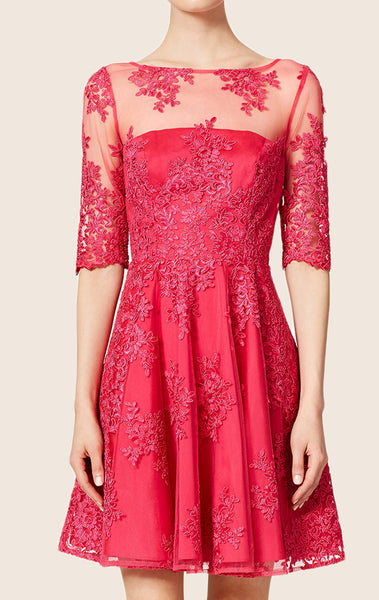 MACloth Half Sleeves Lace Cocktail Dress Hot Pink Prom Homecoming Dress