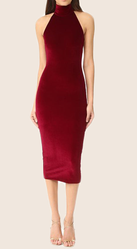 MACloth Sheath High Neck Midi Cocktail Dress Burgundy Formal Gown