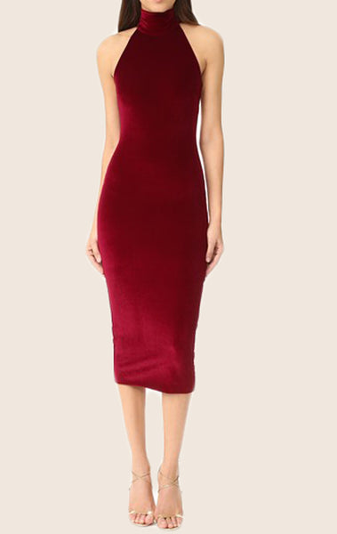 MACloth Sheath High Neck Midi Cocktail Dress Burgundy Formal Gown