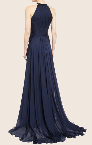 MACloth O Neck Lux Chiffon Maxi Evening Gown Dark Navy Formal Dress