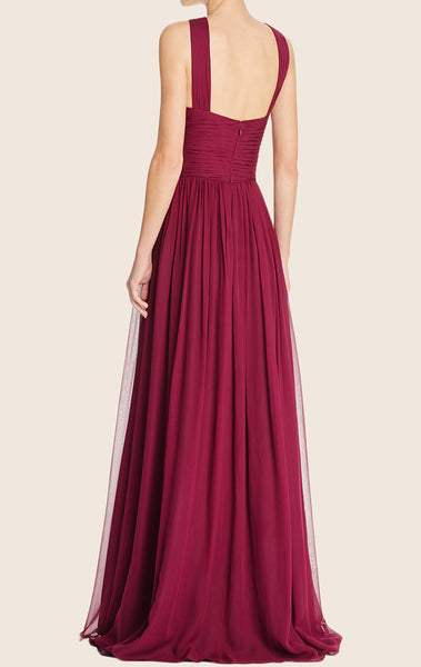 MACloth Halter Chiffon Maxi Prom Dress with Slit Burgundy Formal Gown