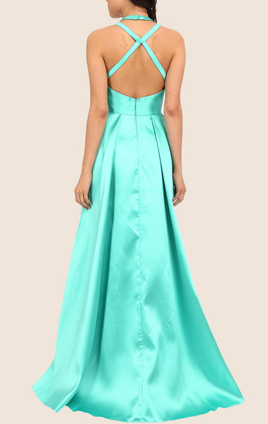 MACloth Halter High Low Taffeta Prom Dress Turquoise Formal Gown