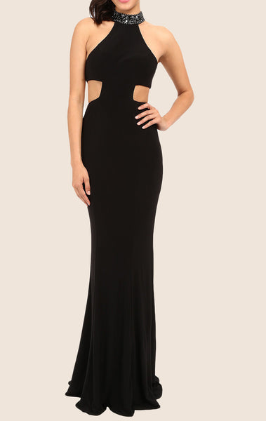 MACloth Mermaid Halter Jersey Maxi Prom Dress Black Formal Gown