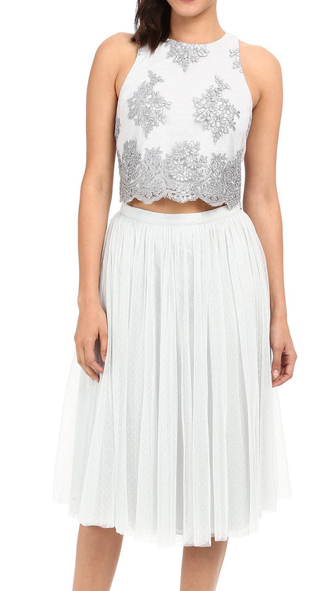 MACloth Two Piece Lace Tulle Cocktail Dress Midi Formal Gown