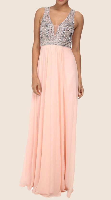 MACloth Straps V Neck Crystals Chiffon Maxi Prom Dress Peach Formal Gown