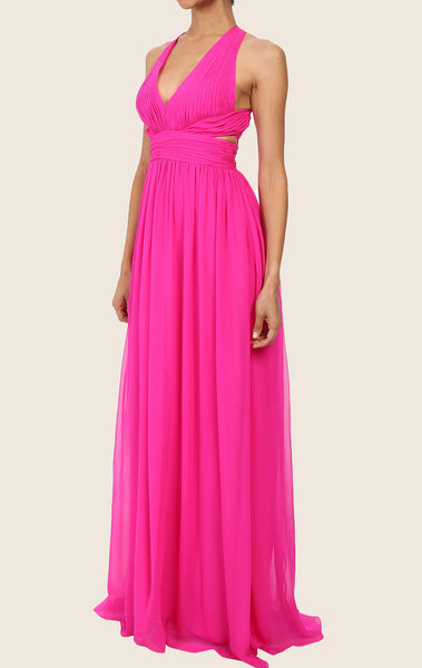 MACloth Straps V Neck Chiffon Maxi Prom Dress Fuchsia Formal Gown