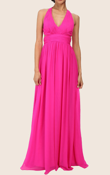 MACloth Straps V Neck Chiffon Maxi Prom Dress Fuchsia Formal Gown