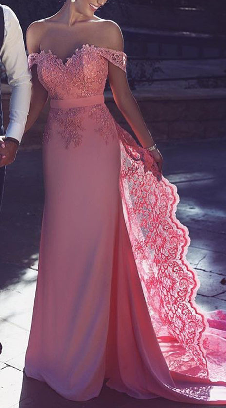 MACloth Off the Shoulder Lace Jersey Long Prom Dress Pink Formal Gown