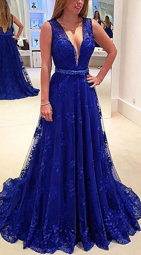 MACloth Straps V Neck Lace Long Prom Dress Royal Blue Formal Gown