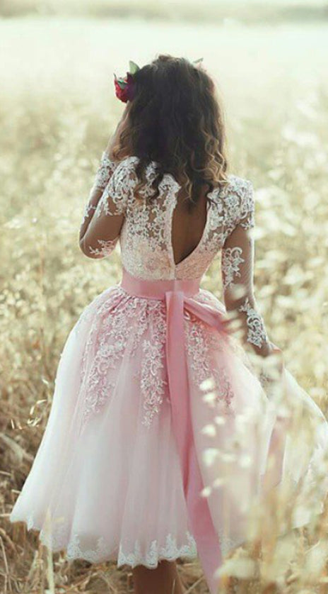 MACloth Long Sleeves V Neck Lace Tulle Cocktail Dress Pink Short Prom Dress