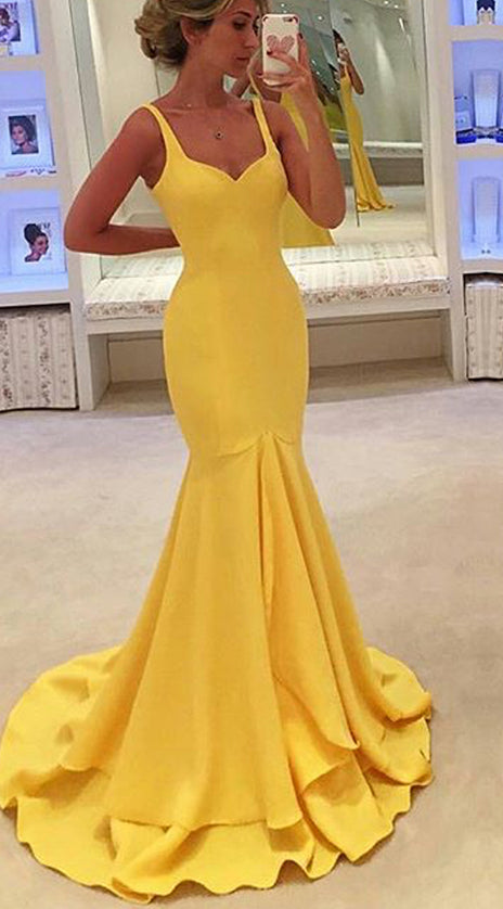 MACloth Mermaid Straps V Neck Tiered Maxi Prom Dress Yellow Jersey Formal Gown