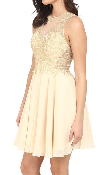 MACloth O Neck Chiffon Lace Mini Prom Homecoming Dress Champagne Formal Gown