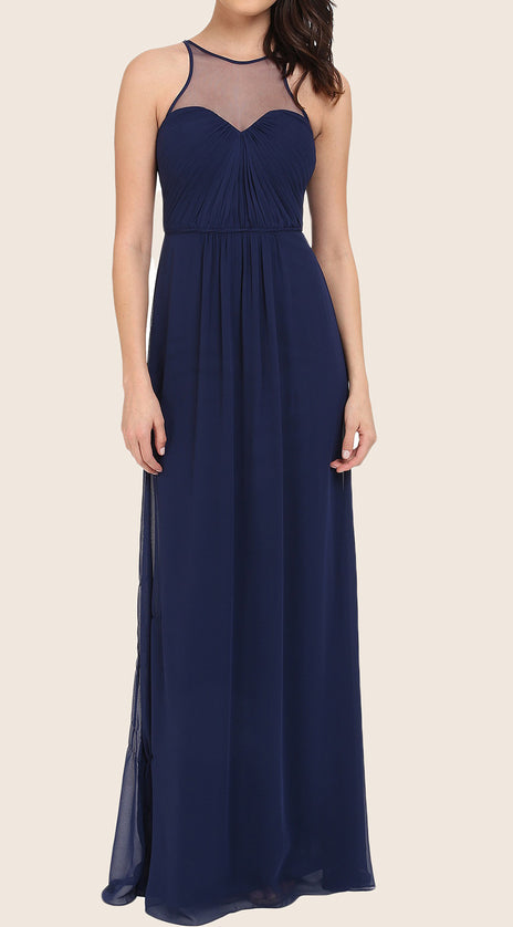 MACloth Straps Chiffon Long Prom Dress Dark Navy Formal Gown