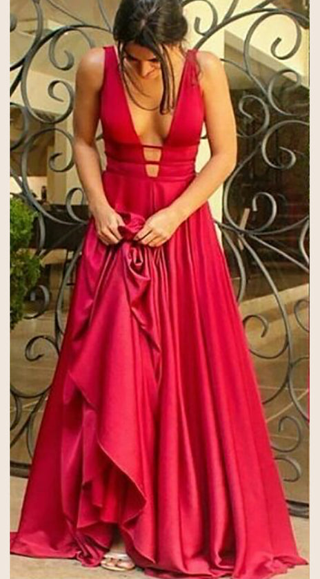 MACloth Straps V Neck Satin Ball Gown Long Prom Dress Red Formal Gown