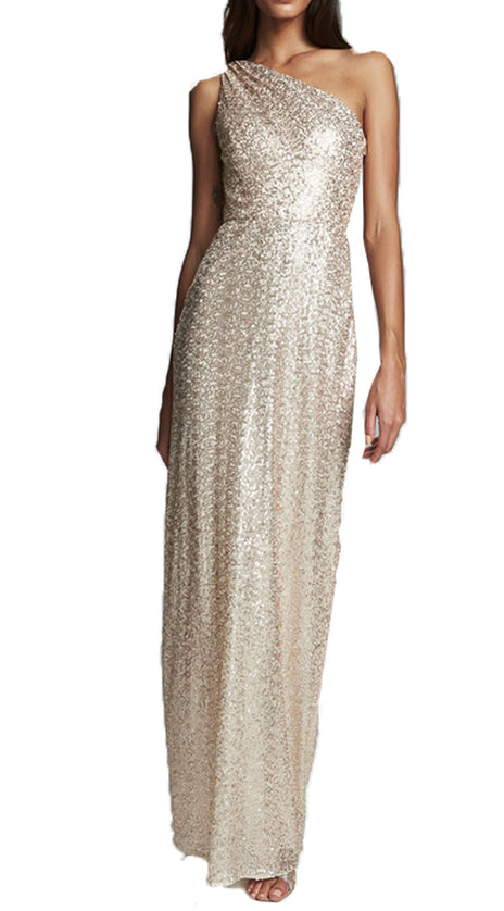 MACloth One Shoulder Sequin Long Prom Dress Champagne Formal Evening Gown
