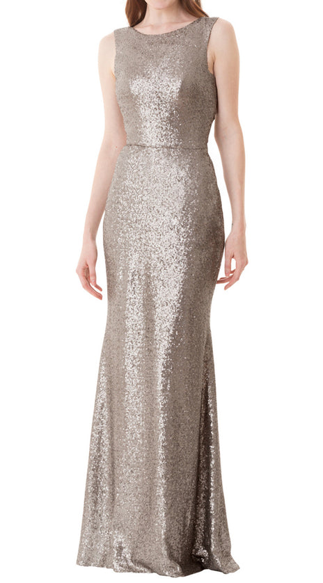 MACloth O Neck Sequin Long Bridesmaid Dress Gray Formal Evening Gown