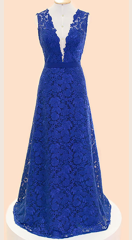 MACloth Straps V neck Lace Maxi Prom Dress Royal Blue Formal Gown