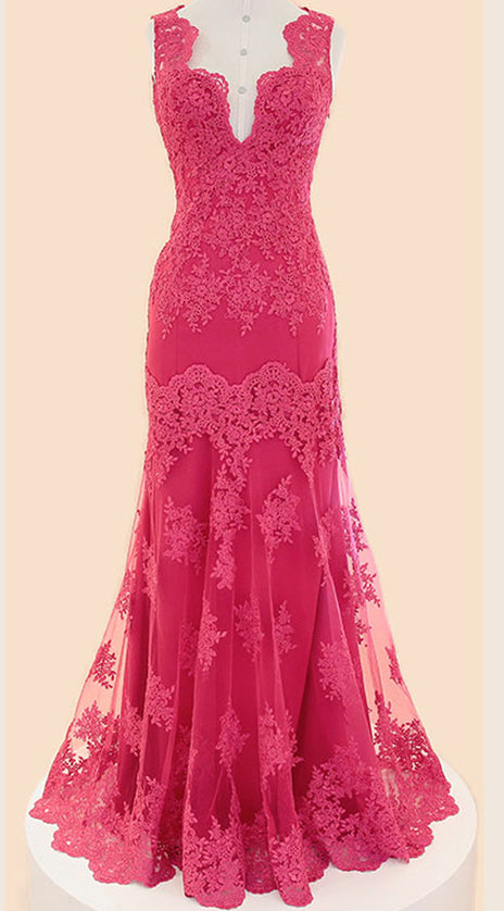 MACloth Straps V Neck Lace Long Prom Dress Fuchsia Lace Formal Gown