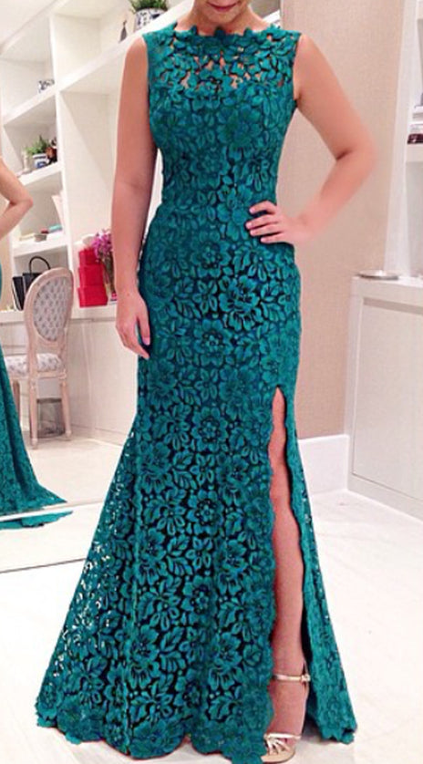 MACloth Mermaid Lace Prom Dress with Slit Teal Evening Formal Gown