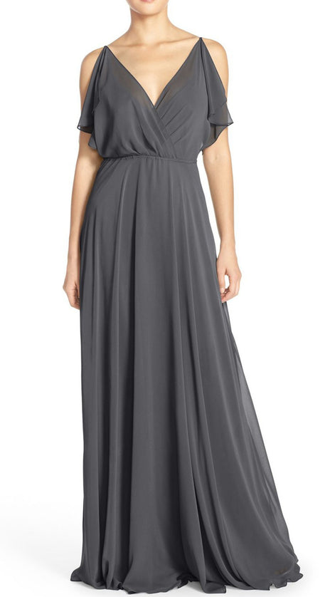 MACloth Straps V Neck Chiffon Long Prom Dress Gray Evening Formal Gown