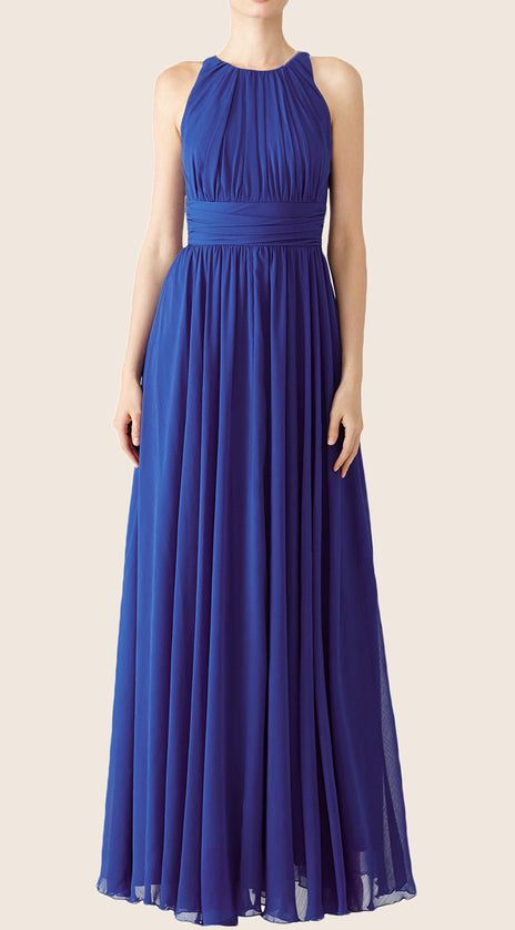 MACloth Straps O Neck Chiffon Long Prom Dress Royal Blue Formal Gown