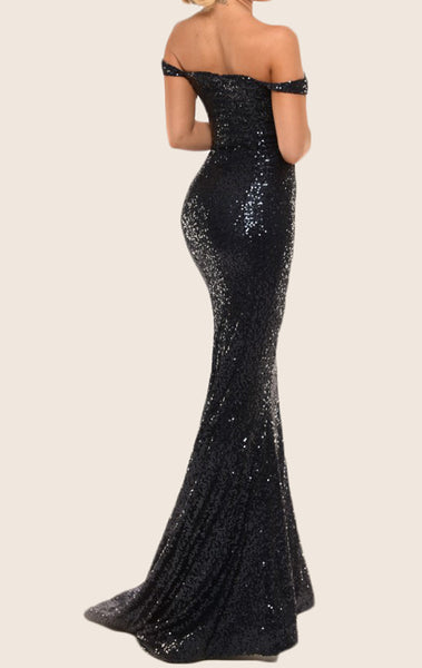 MACloth Mermaid Off the Shoulder Sequin Prom Dress Black Formal Gown