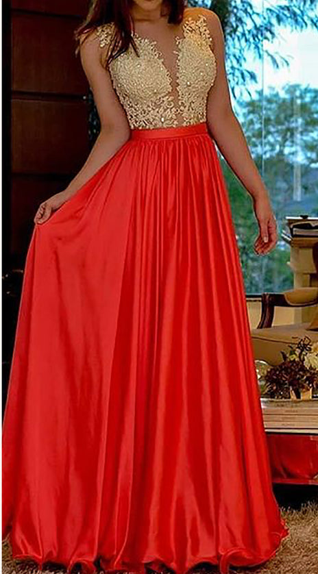 MACloth Straps V Neck Lace Long Prom Dress Open Back Red Formal Gown