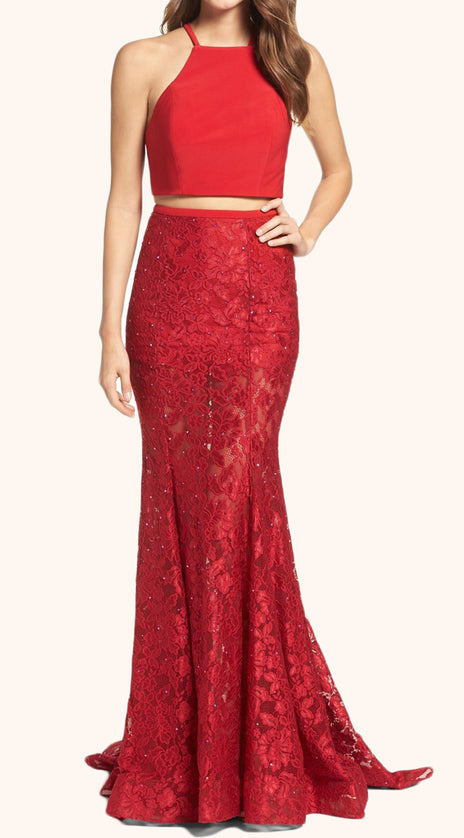 MACloth Two Piece Lace Long Prom Dress Red Formal Evening Gown