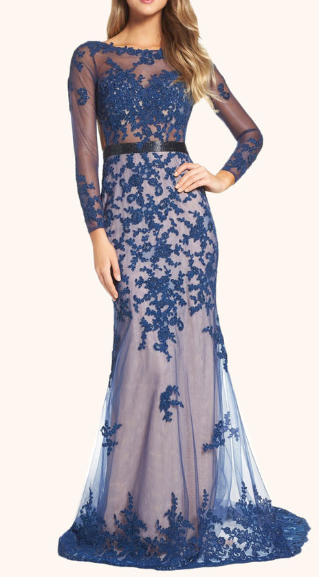 MACloth Mermaid Long Sleeves Lace Formal Evening Gown Navy Prom Dress