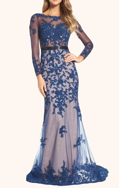 MACloth Mermaid Long Sleeves Lace Formal Evening Gown Navy Prom Dress