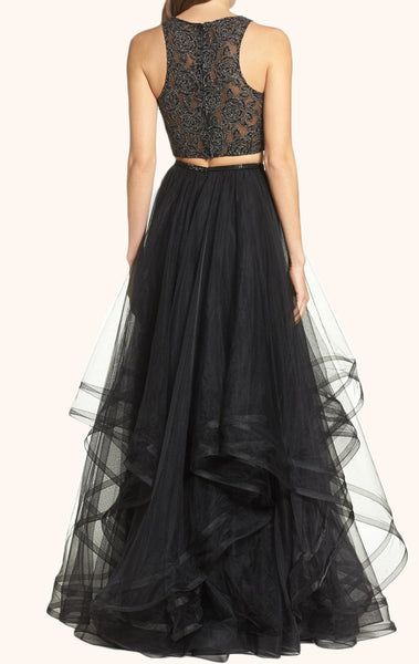 MACloth Two Piece Lace Tulle Long Prom Dress Black Formal Gown