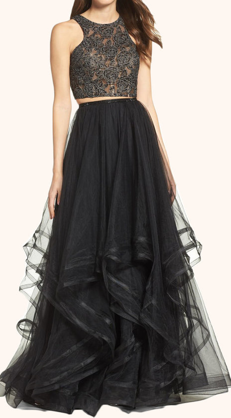 MACloth Two Piece Lace Tulle Long Prom Dress Black Formal Gown