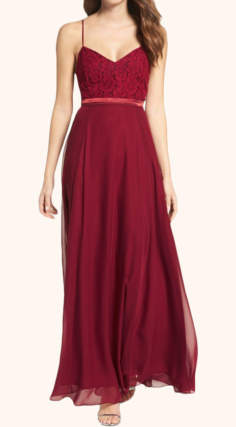 MACloth Straps V Neck Lace Chiffon Long Prom Dress Burgundy Formal Gown