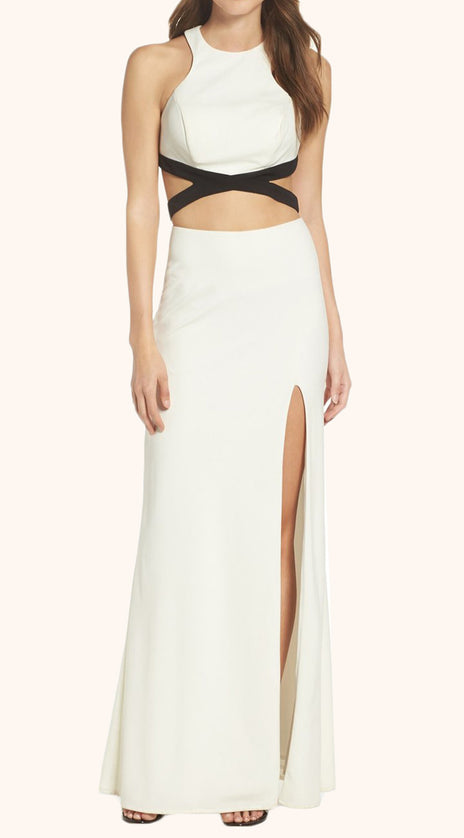 MACloth Two Piece Jersey Sexy Long Prom Dress Ivory Formal Gown