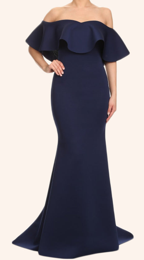 MACloth Mermaid Off the Shoulder Satin Maxi Prom Dress Dark Navy Formal Gown