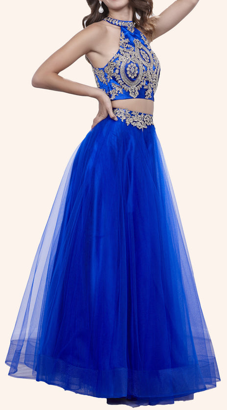 MACloth Two Piece High Neck Lace Tulle Prom Dress Royal Blue Formal Gown