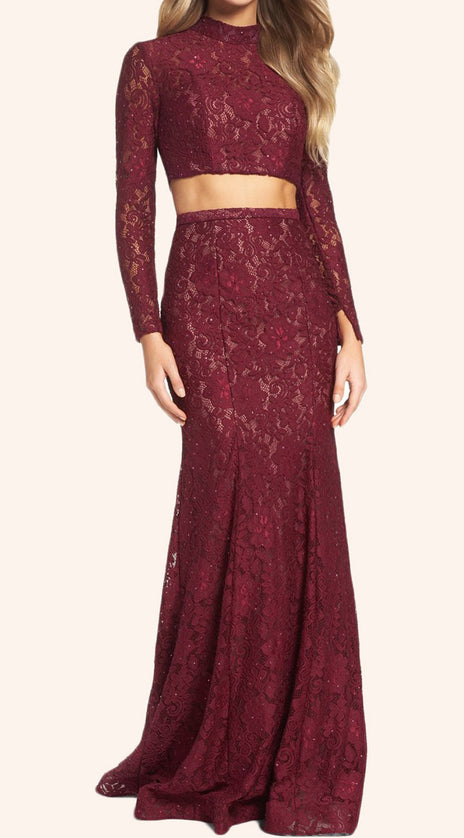 MACloth Two Piece Long Sleeves Lace Prom Dress Burgundy Formal Gown